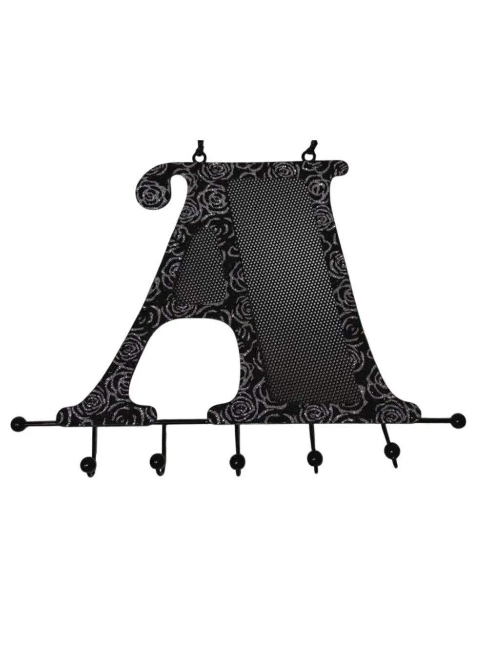 Black Silver Glitter Monogram A Jewelry Holder 6 Hooks And Hanging Strap